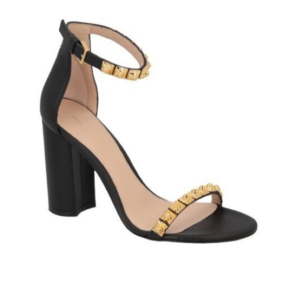 Stuart Weitzman Rosemarie Black Gold Studded Strap Heeled Sandals size 7